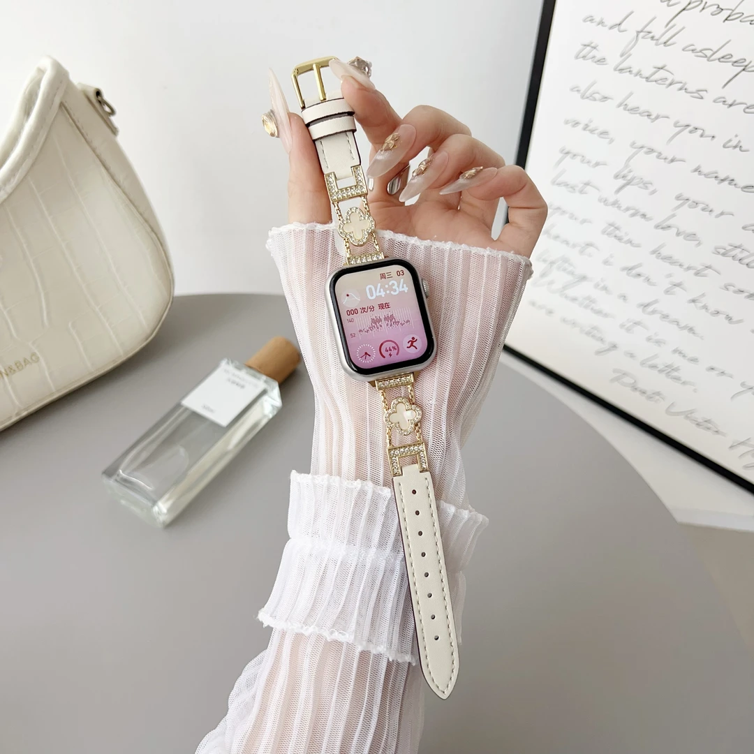 适用苹果applewatchS9表带s10手表S8细款SE四叶草拼真皮7高级女款
