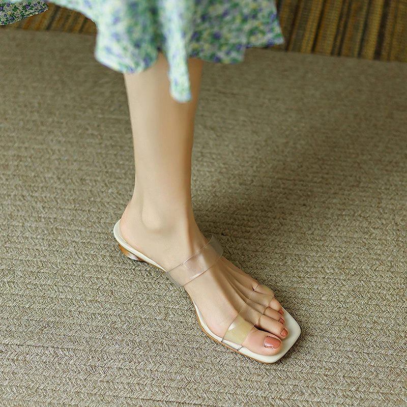 仙女风透明凉拖鞋女夏外穿粗跟低跟真皮简约百搭露趾懒人拖配裙子