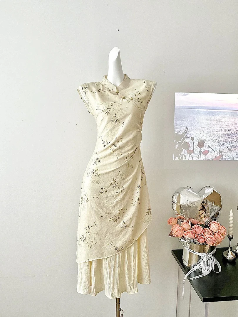 旗袍蕾丝纯色优雅气质印花时尚新中式拼接碎花长旗袍