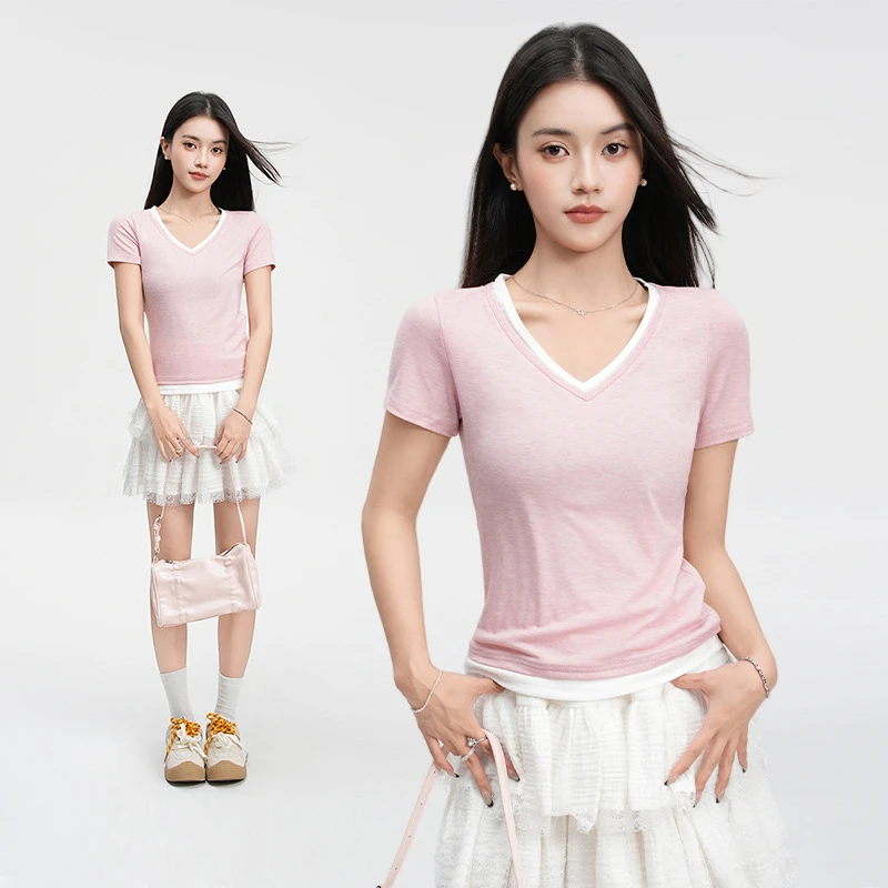 2025韩系撞色V领正肩短袖t恤女2025春夏流行穿搭修身显瘦小上衣