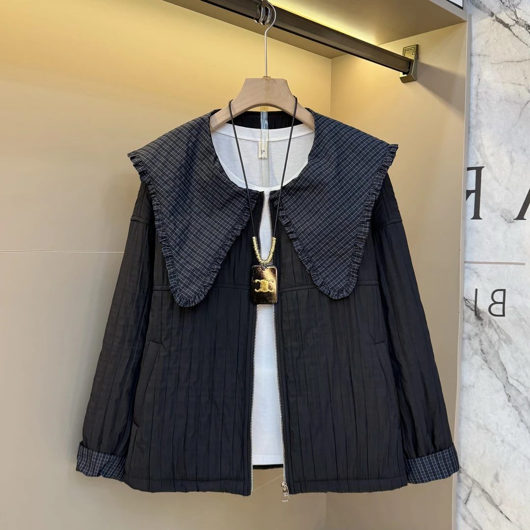 新款秋季2025拼接条格设计感娃娃领减龄时尚个性显瘦上衣外套8003