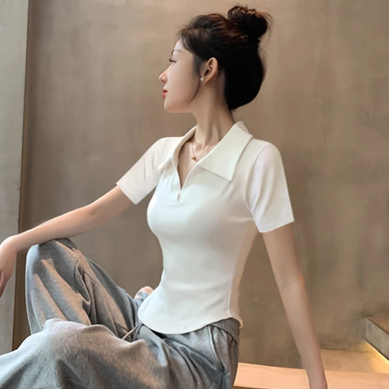 欧货白色polo领鱼骨短袖t恤女夏季2025新款辣妹弧形下摆显瘦上衣