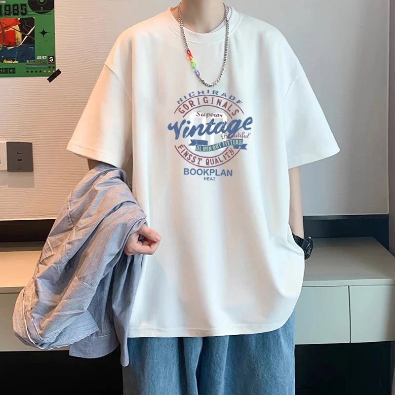 潮牌100%纯棉字母短袖男t恤宽松大码男女同款美式休闲情侣上衣服