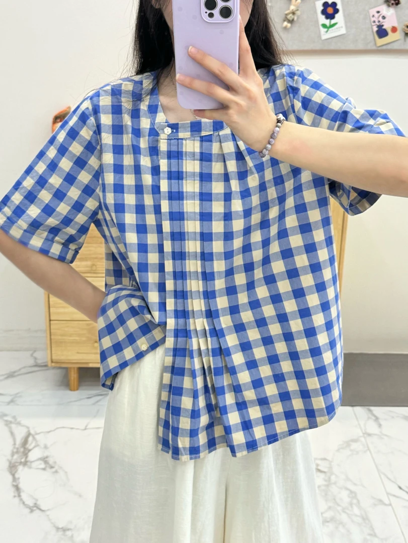 夏日拼色圆领短袖简约休闲格子衬衫-A019