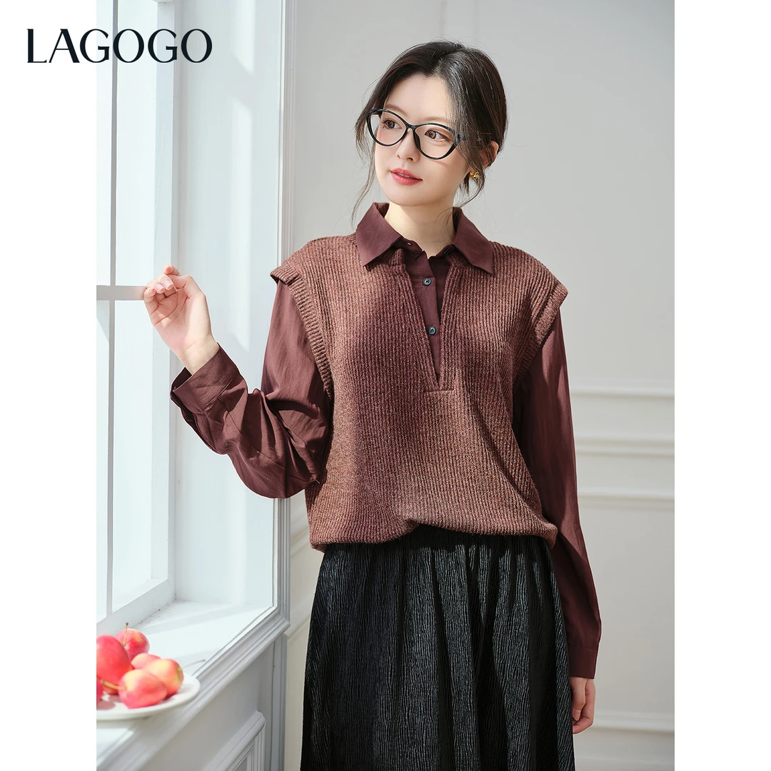 【芋总专属】lagogo新款假两件浆果红文艺针织衫女OCSS559WP5