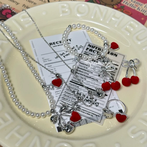 非金属仿珍珠项链 【夏朵维斯】红色爱心项链少女可爱精致百搭优雅