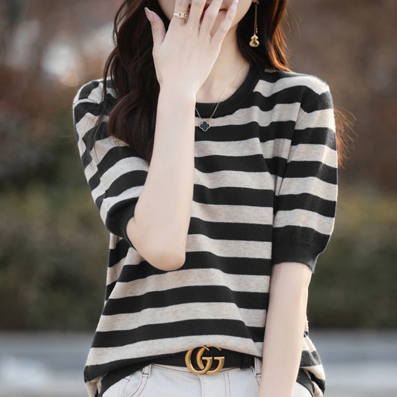 条纹短袖t恤女夏季2025新款夏装显瘦上衣薄款大码女装冰丝针织衫