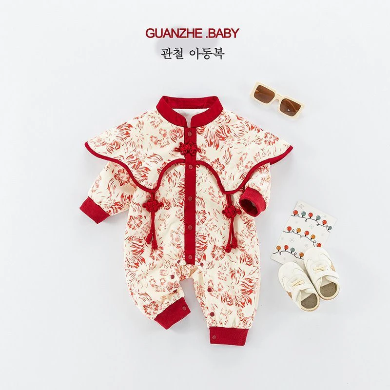 冬季女宝宝中国风加绒连体衣婴儿喜庆满月周岁拜年服哈衣礼服