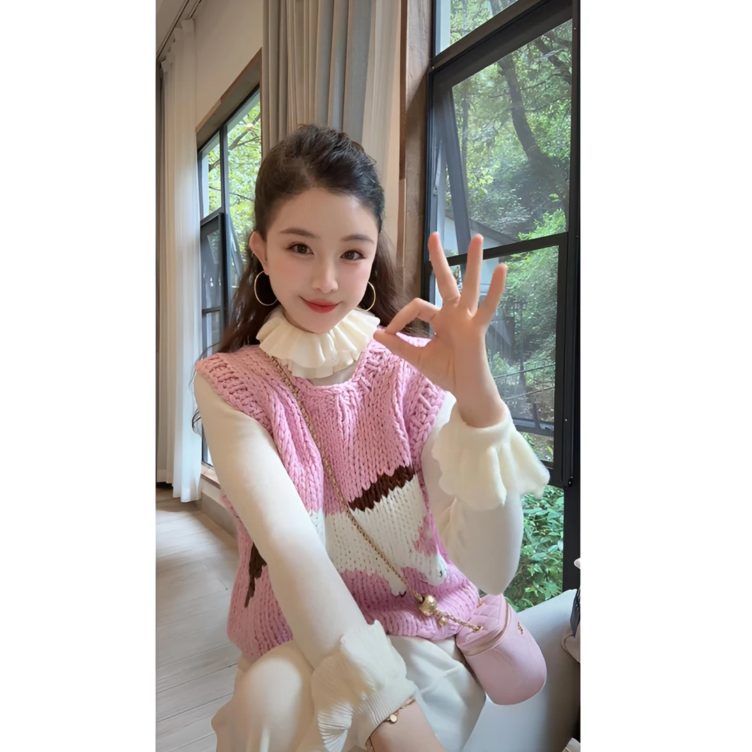 洋洋优选-秋冬新款可叠穿小马图案重工手打毛衣马甲背心女YY71928