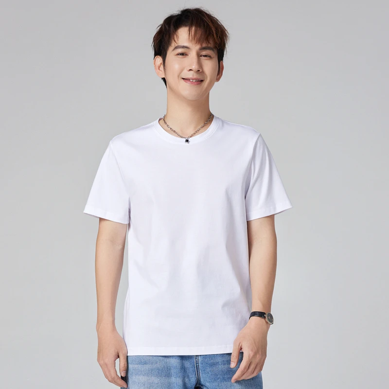 液氨丝光棉正肩纯白色短袖t恤男 圆领纯棉男士打底衫