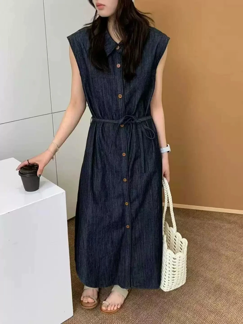 2025夏设计感走线纽扣气质百搭无袖牛仔连衣裙女显瘦气质长裙