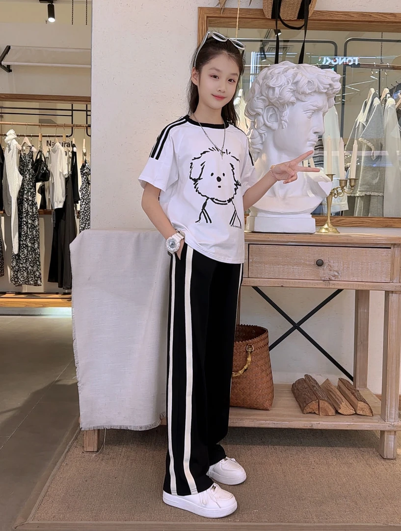 2025新款女童夏季套装中大童韩版短袖T恤初中高中学生阔腿裤套装
