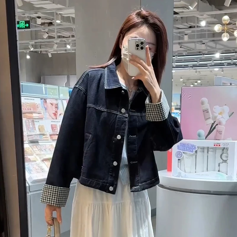 女装短外套2025春季新款翻领短款格子拼接撞色简约蓝色牛仔外套