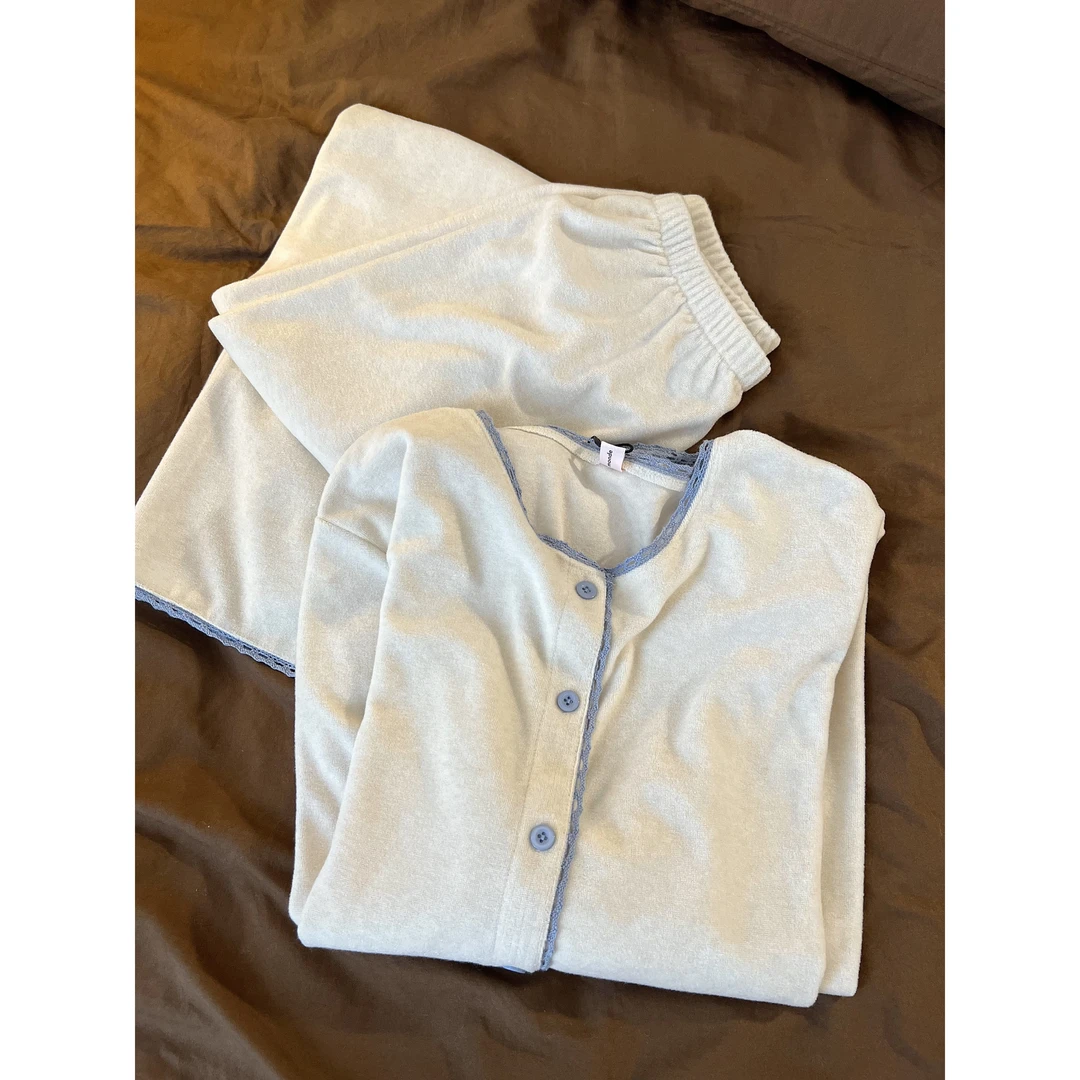 慵懒感简约撞色花边德绒睡衣女冬季新款加厚保暖套装家居服可外穿