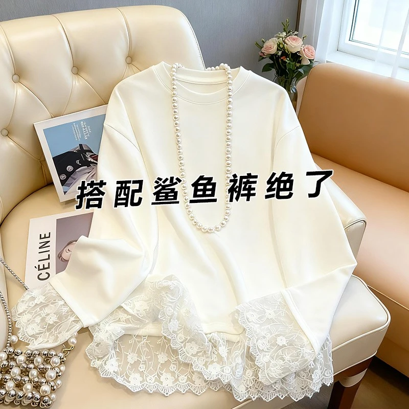 秋冬季中长款蕾丝拼接圆领长袖T恤女士显瘦设计感小众保暖打底衫