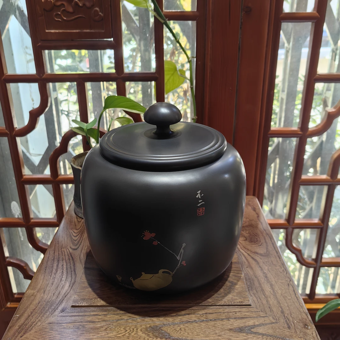 不二紫陶黑色红泥大号大红汽烧大呆罐茶叶罐密封罐茶具储茶罐储存