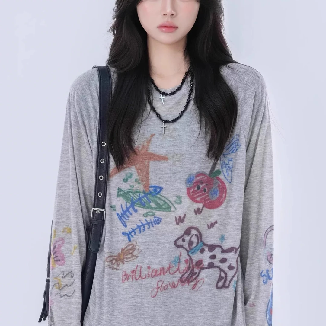 韩系甜美时尚微透印花长袖防晒罩衫T恤女夏薄款休闲宽松百搭上衣