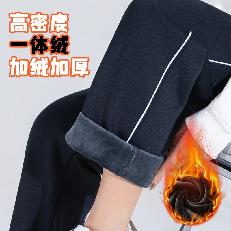 加绒加厚校裤反光条藏青色一条红杠校服裤子初高中小学生宽松直筒