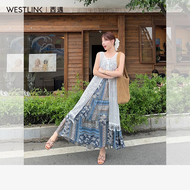 1004西遇镂空罩衫套装女2025年夏季新款民族风无袖连衣裙两件套