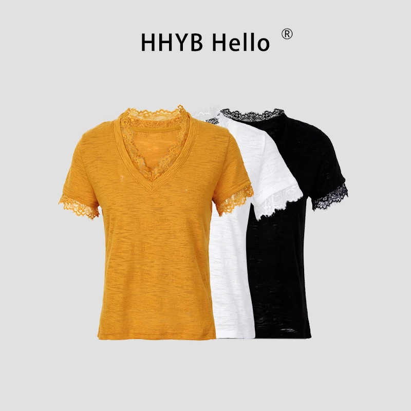HHYB HelloV领竹节棉拼蕾丝花边T恤2025夏新款休闲百搭上衣250404