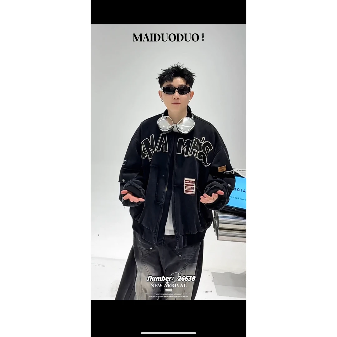 26638数字字母常规款宽松型春季刺绣休闲大码夹克复古棒球领免烫