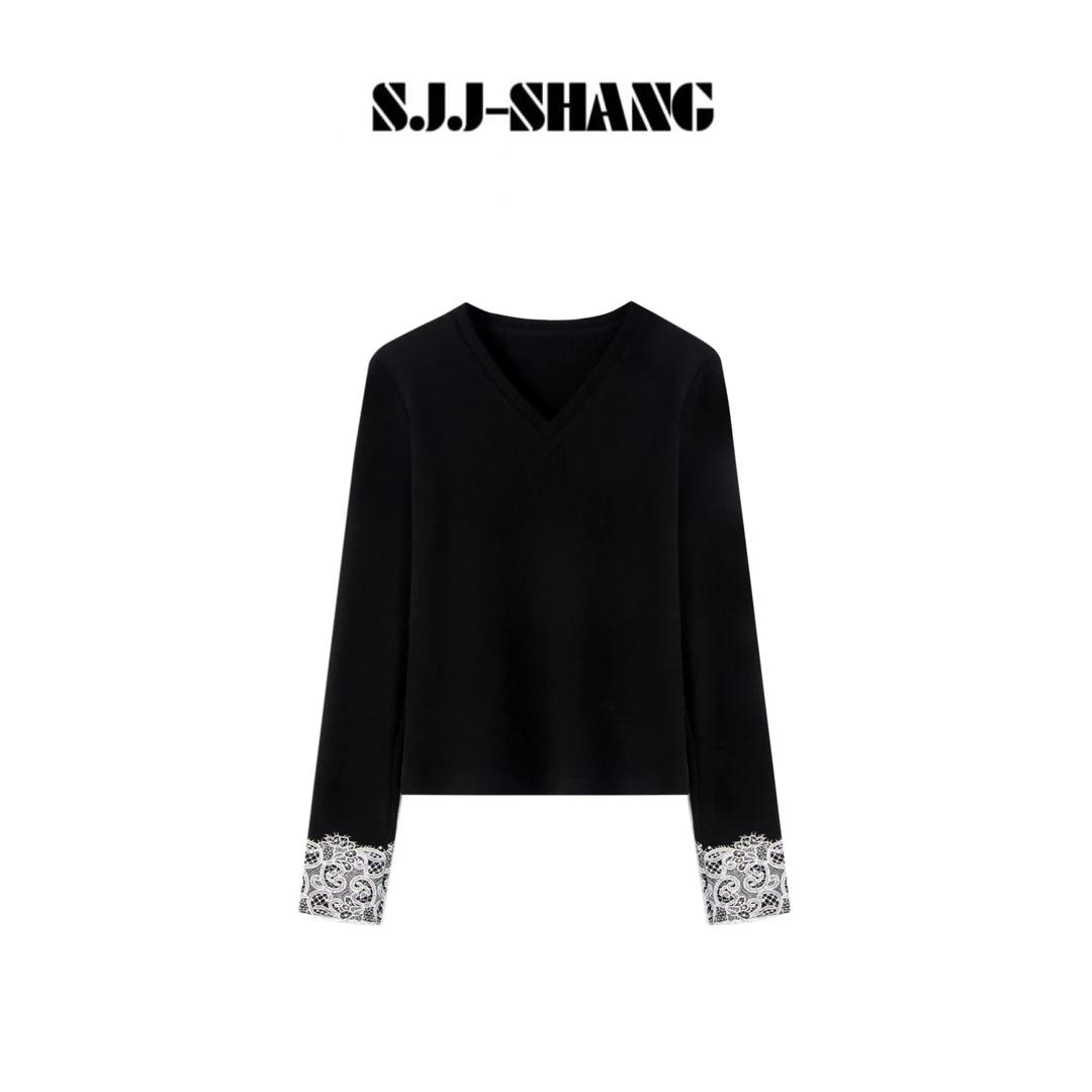 SJJ-SHANG【咖啡枫糖】蕾丝拼接花袖设计感气质长袖T恤q135831p