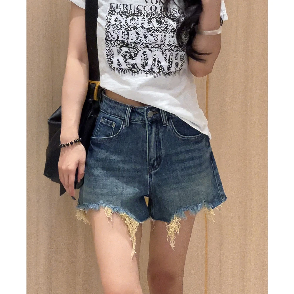 0672复古辣妹毛边牛仔短裤女夏季新款韩版高腰宽松休闲a字阔脚裤