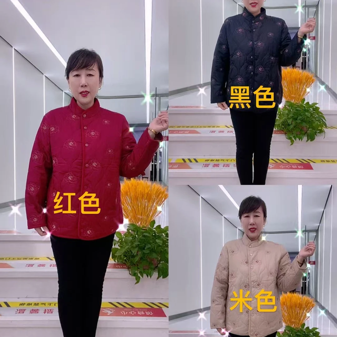 中老年妈妈秋冬夹棉轻薄保暖短款洋气绣花休闲外套