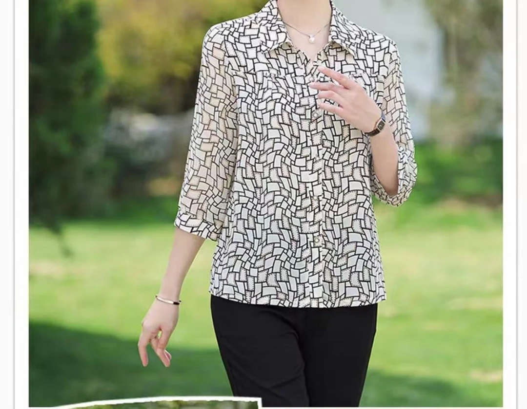 2025高端气质夏款时尚洋气七分袖雪纺衬衫上衣