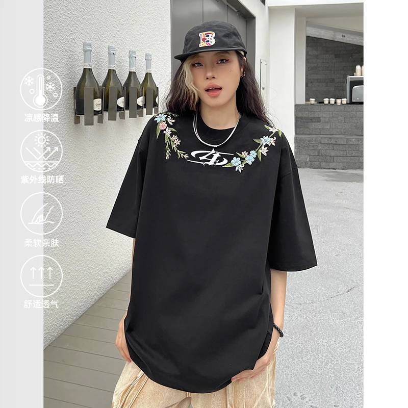【404MOB】冰感UV2.0UPF50+防晒花环刺绣短袖男美式复古重磅夏季T恤