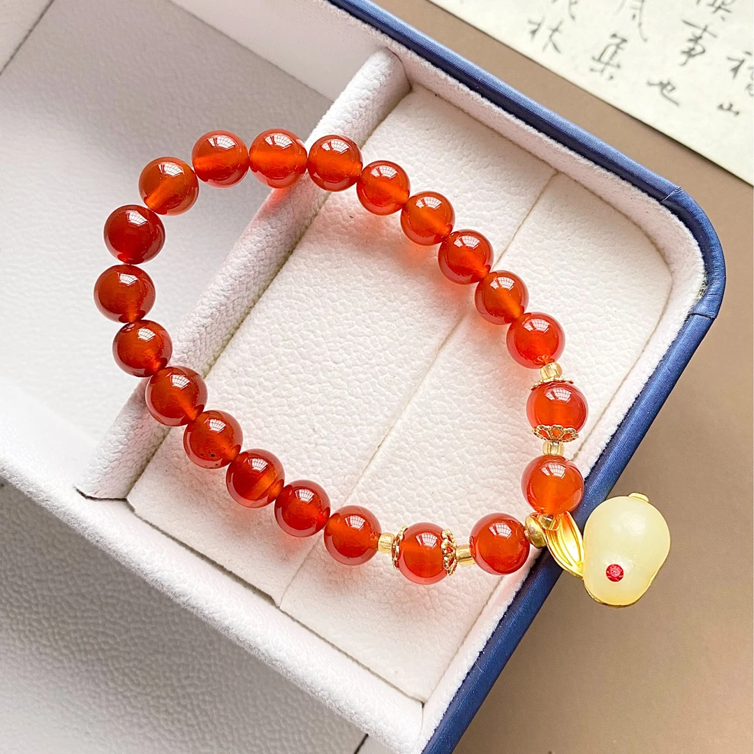 【柏娅专属】天然红玛瑙兔子配饰手链复古风女士手串HH001