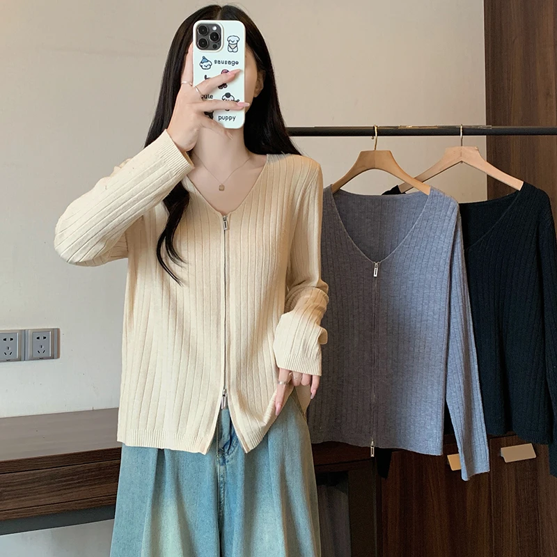 3465大码女装2024秋装新款时尚V领针织衫胖MM百搭长袖开衫毛衣女
