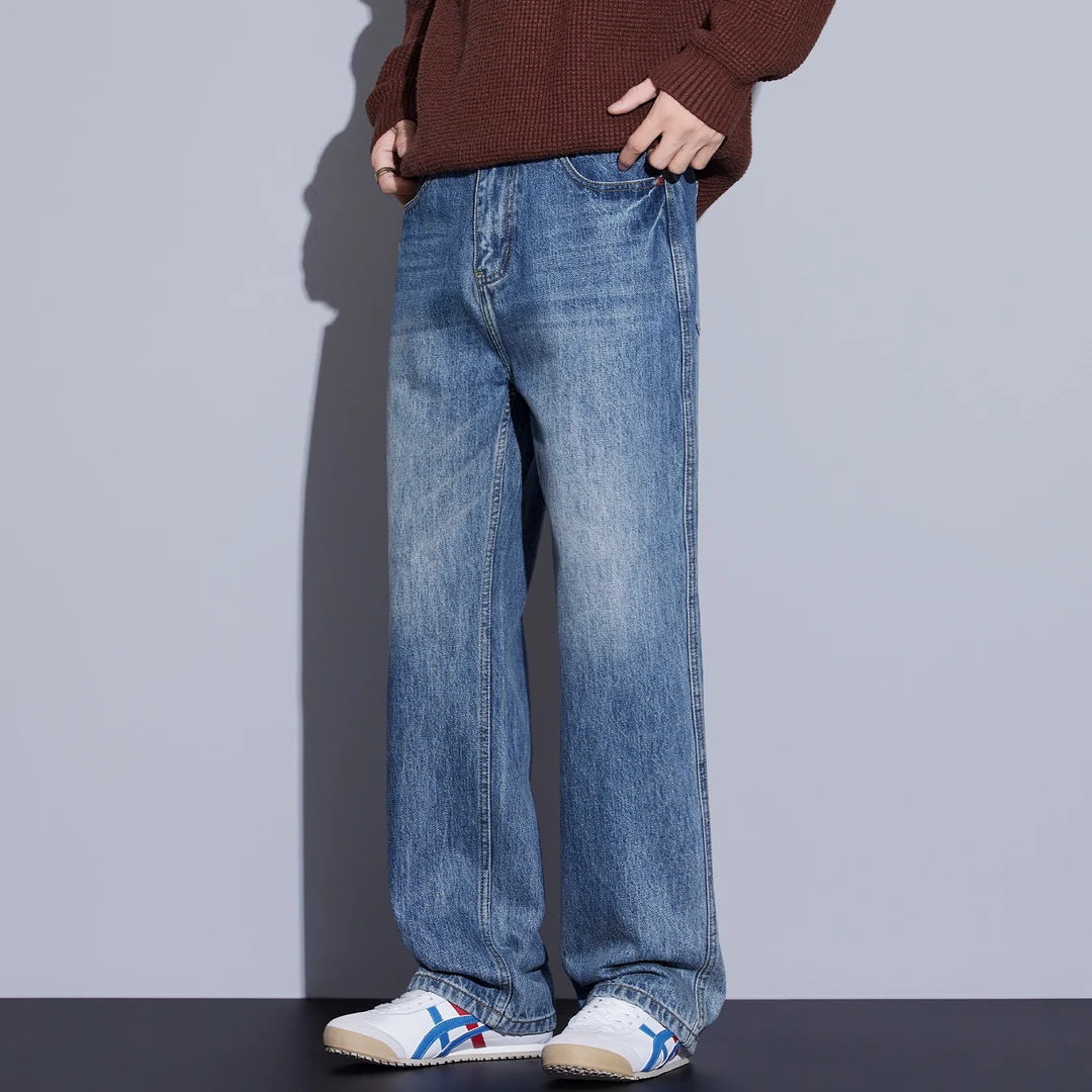 Kuvine2025秋季新美式复古cleanfit直筒宽松蓝色休闲牛仔裤子男士