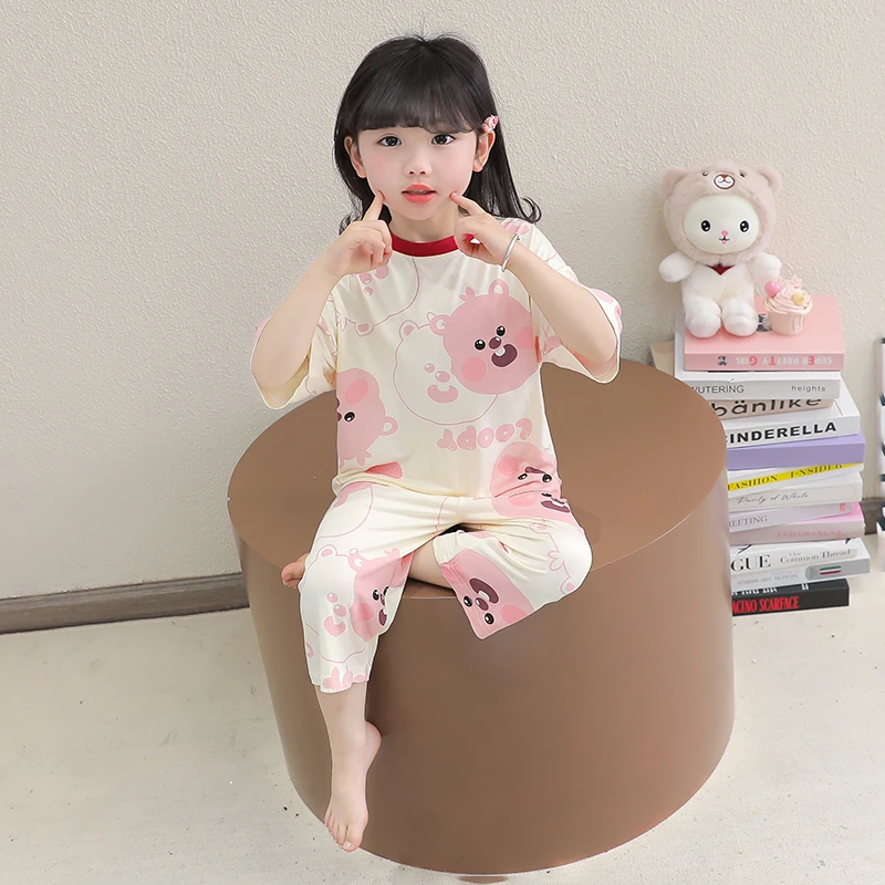 女宝宝夏季莫代尔七分短袖空调服2套装3薄款5女童1-6岁睡衣家居服