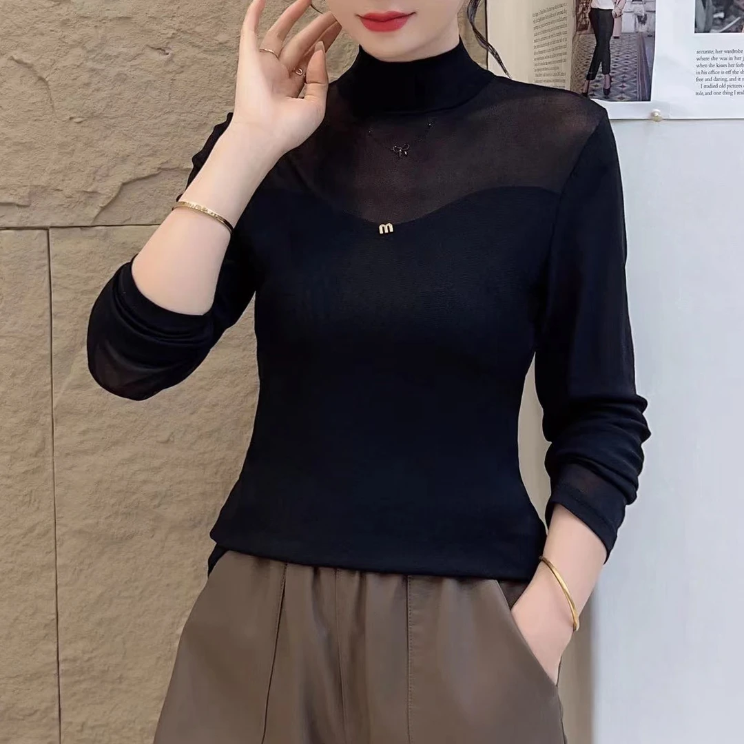 2025春季新品时尚打底衫百搭显瘦半高领个性长袖女士上衣9130