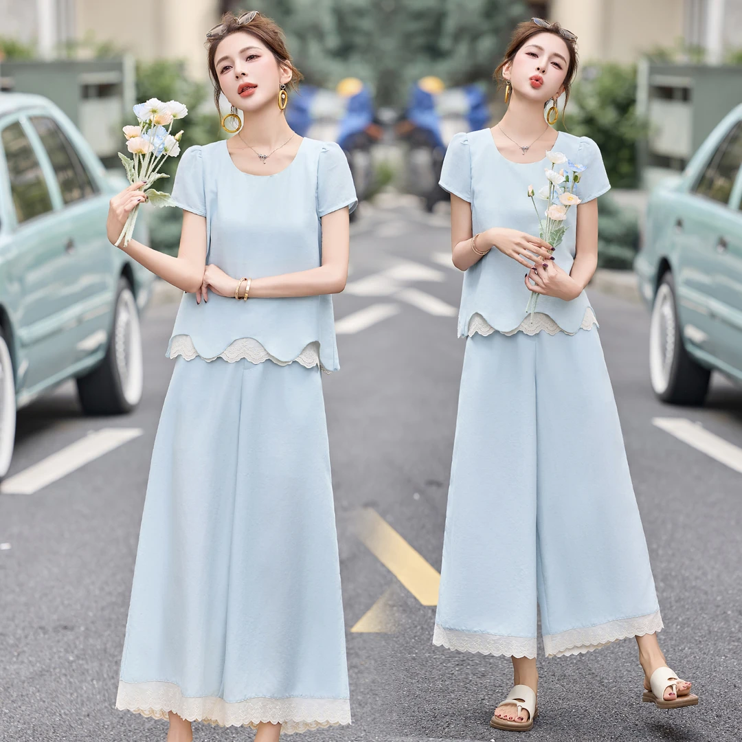 休闲气质女人味套装女2025夏季爆款遮肚显瘦蕾丝拼接阔腿裤两件套