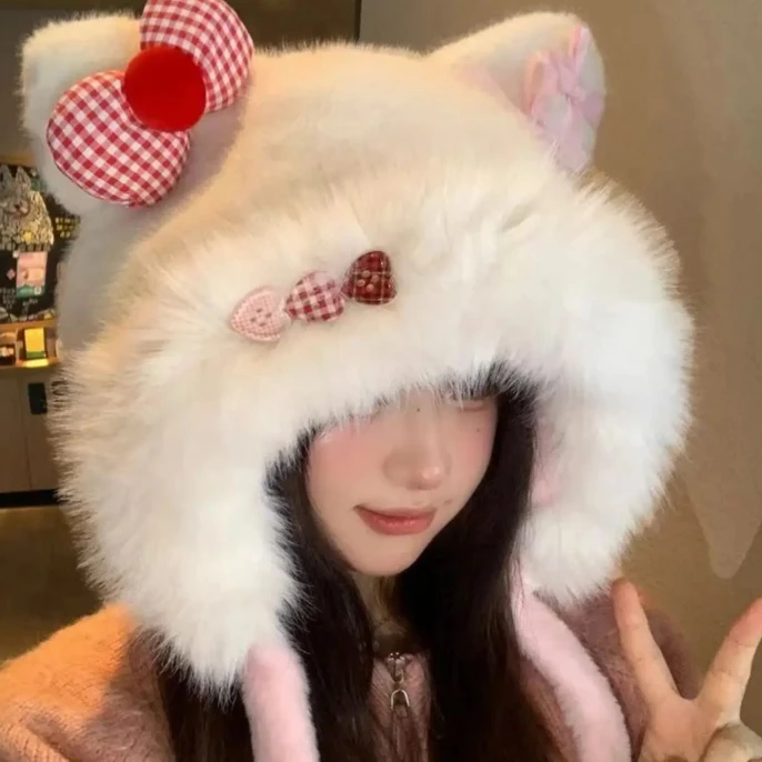 秋冬新款可爱猫耳朵毛绒帽帽子女保暖显脸小护耳包头帽