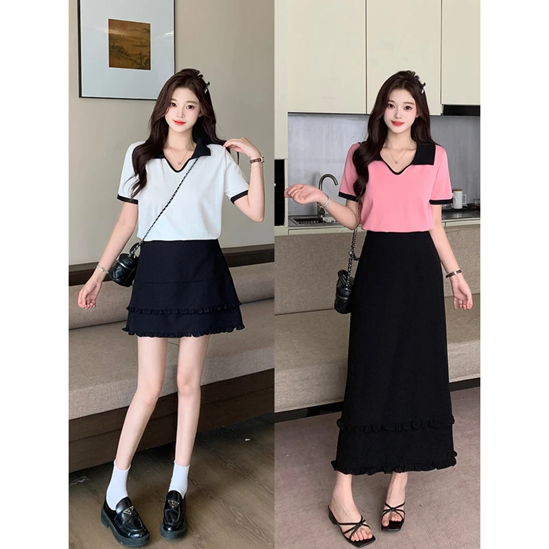 2025夏装新款胖mm大码撞色翻领长短款半身裙搭配老钱风松弛感女装