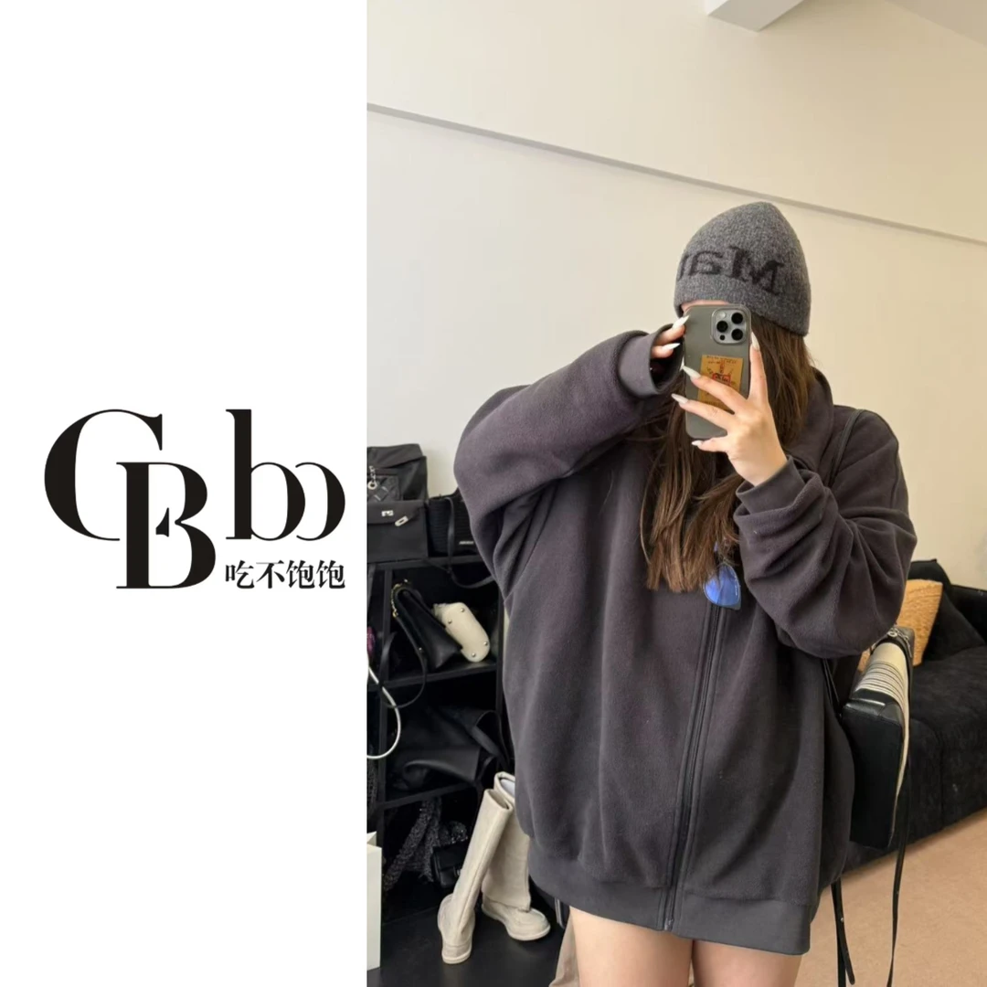 【吃不饱饱】大码 舒适区 宽松慵懒毛圈立领拉链开衫休闲外套0147