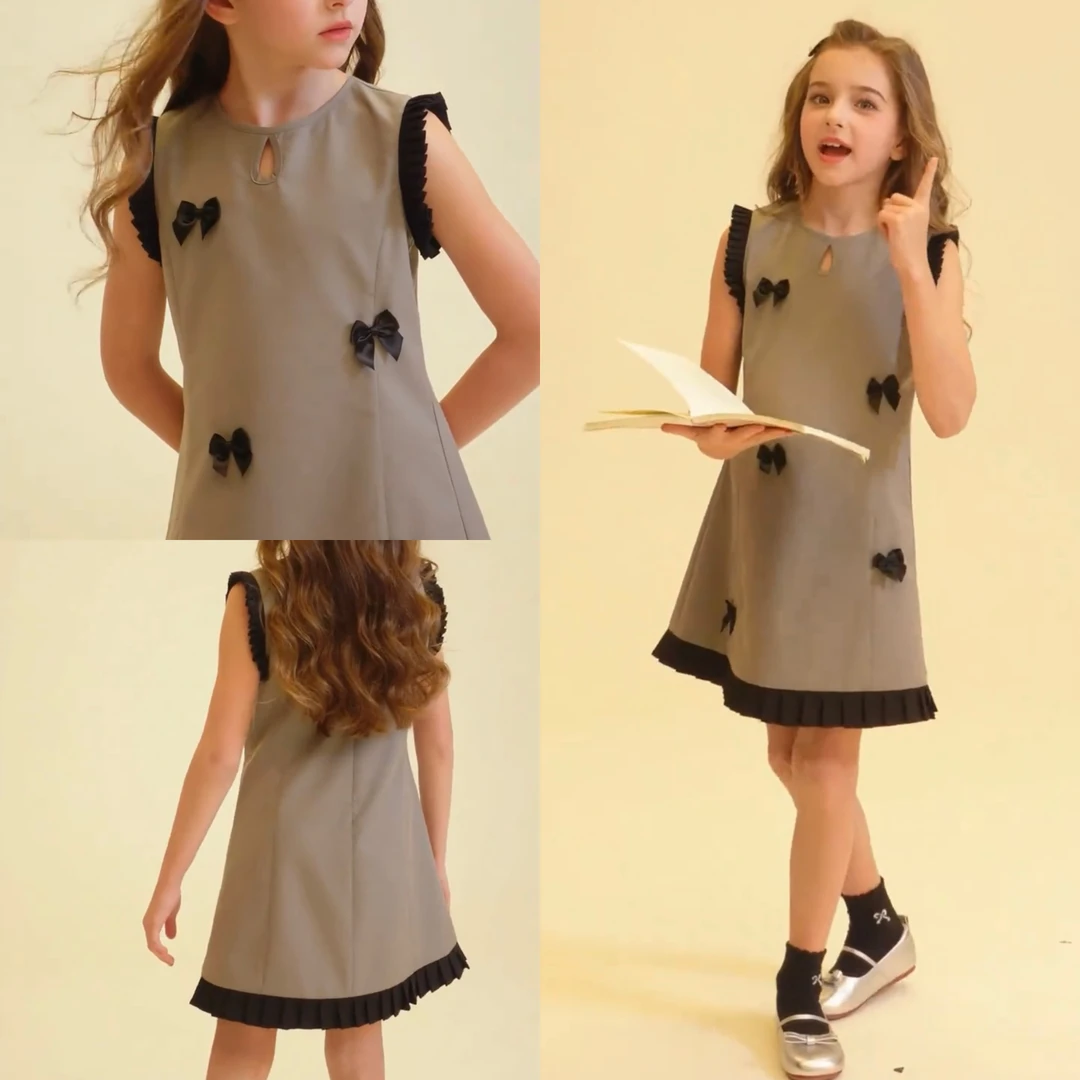 妮妮中大童蝴蝶结设计感刺绣无袖气质韩版学院风洋气时尚连衣裙