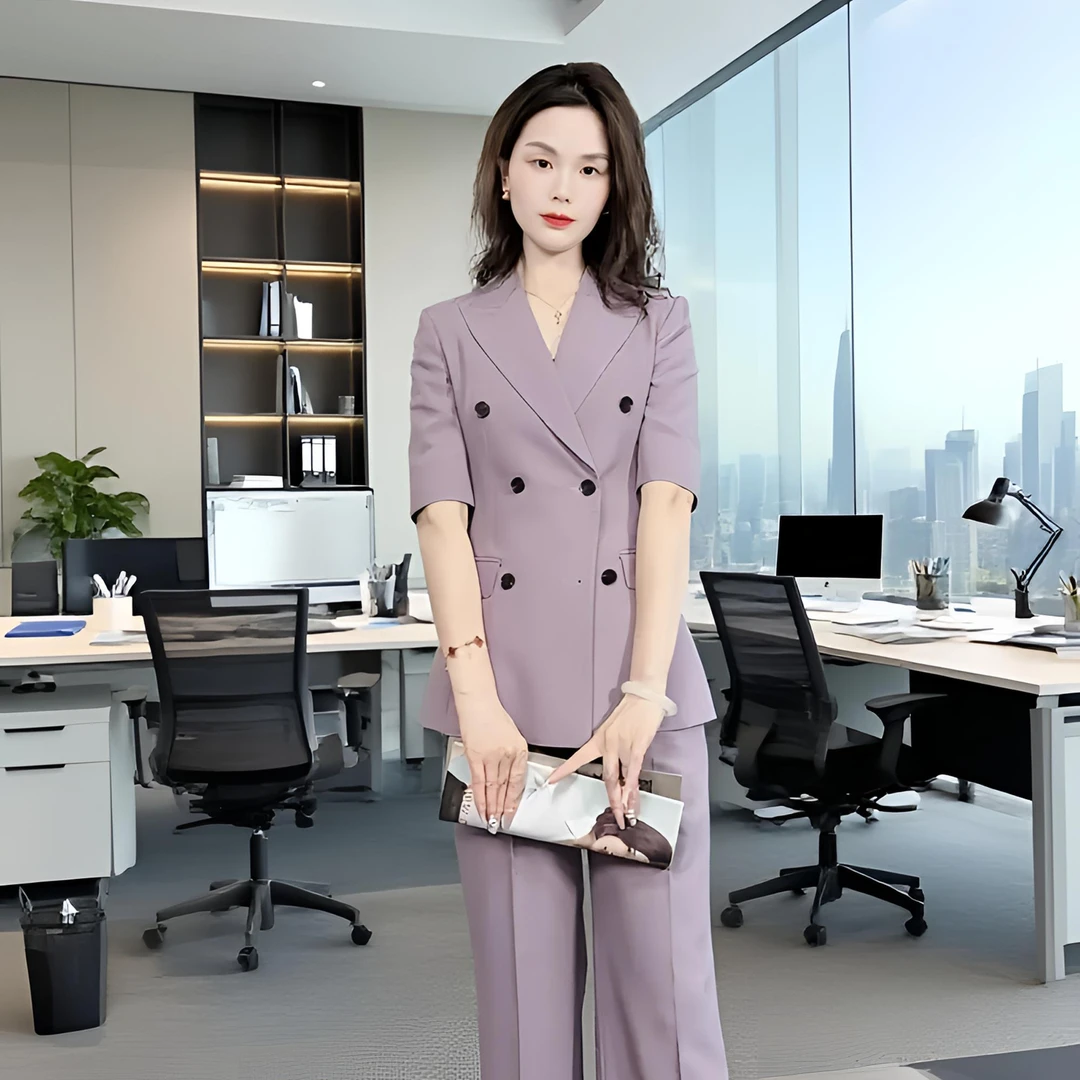 2025夏季香芋紫女短袖双排修身显瘦时尚气质女装通勤阔腿裤套装