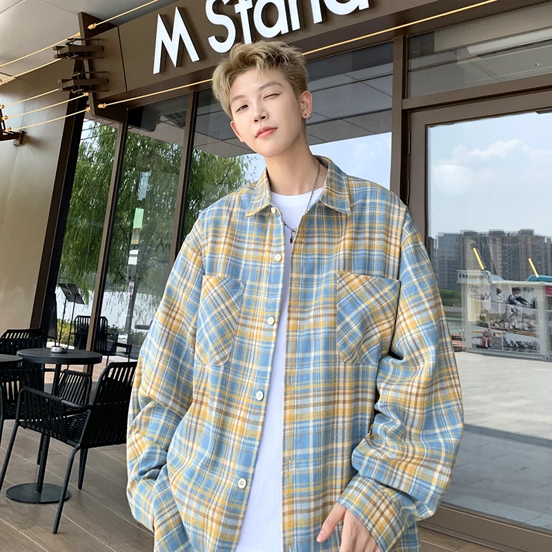 【富富】格子休闲衬衫男长袖复古潮牌宽松百搭衬衣大码ins外套CY01