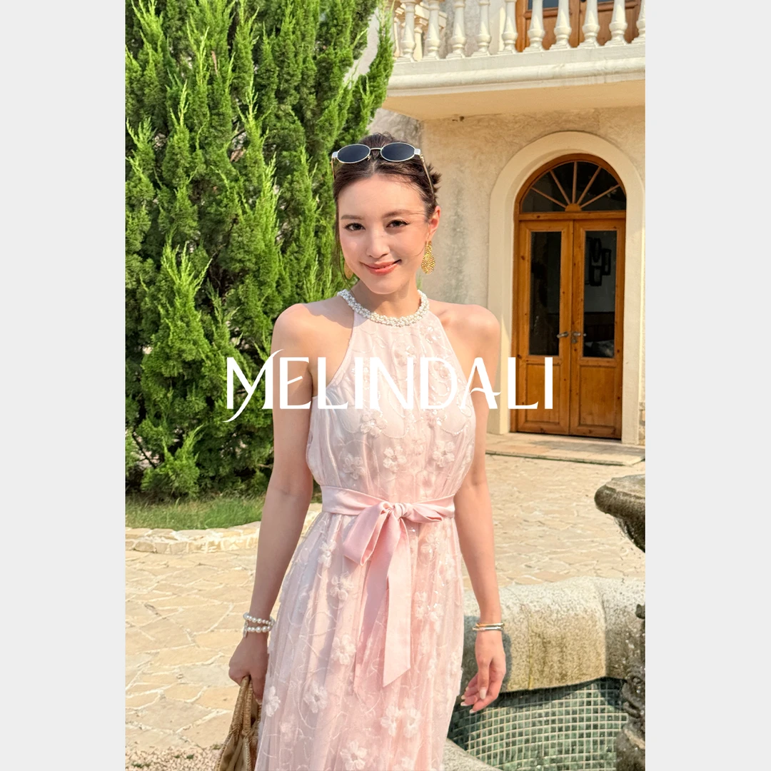 Melinda Li【人面桃花】重工钉珠织带珠片网纱花绣挂脖腰带连衣裙