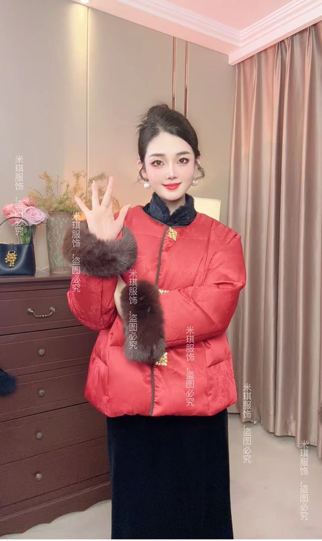 厚款优等品短款棉服秋冬印花保暖红色时尚唐装民族风中式