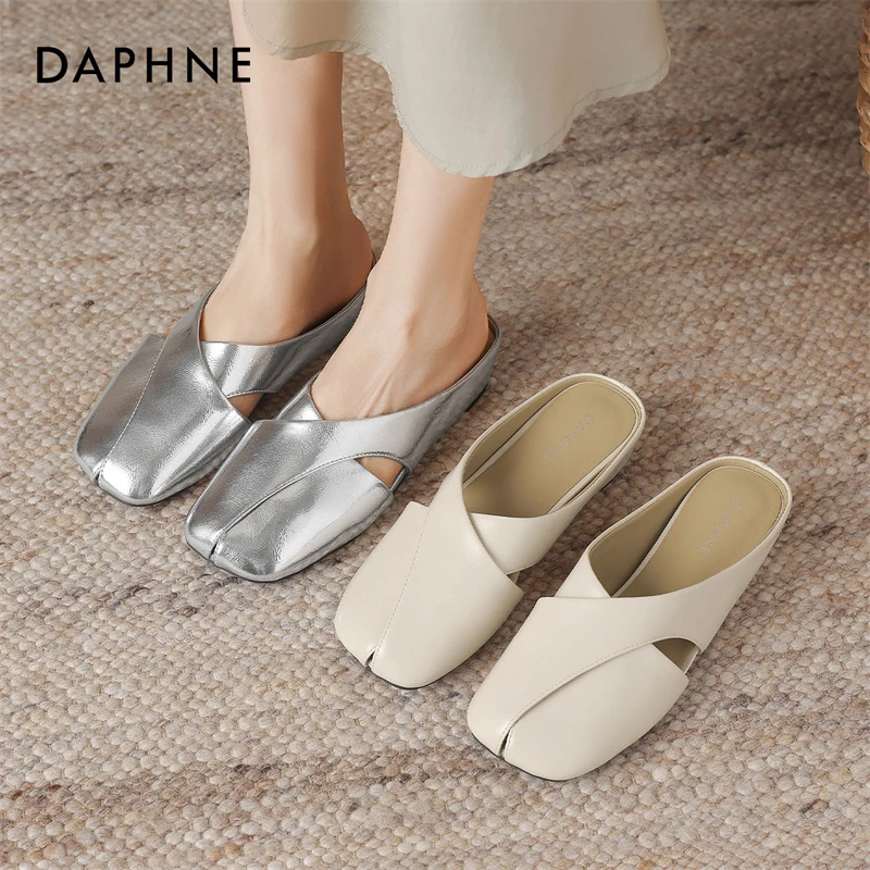 Daphne/达芙妮包头半拖鞋女夏季镂空增高外穿穆勒鞋一脚蹬懒人鞋