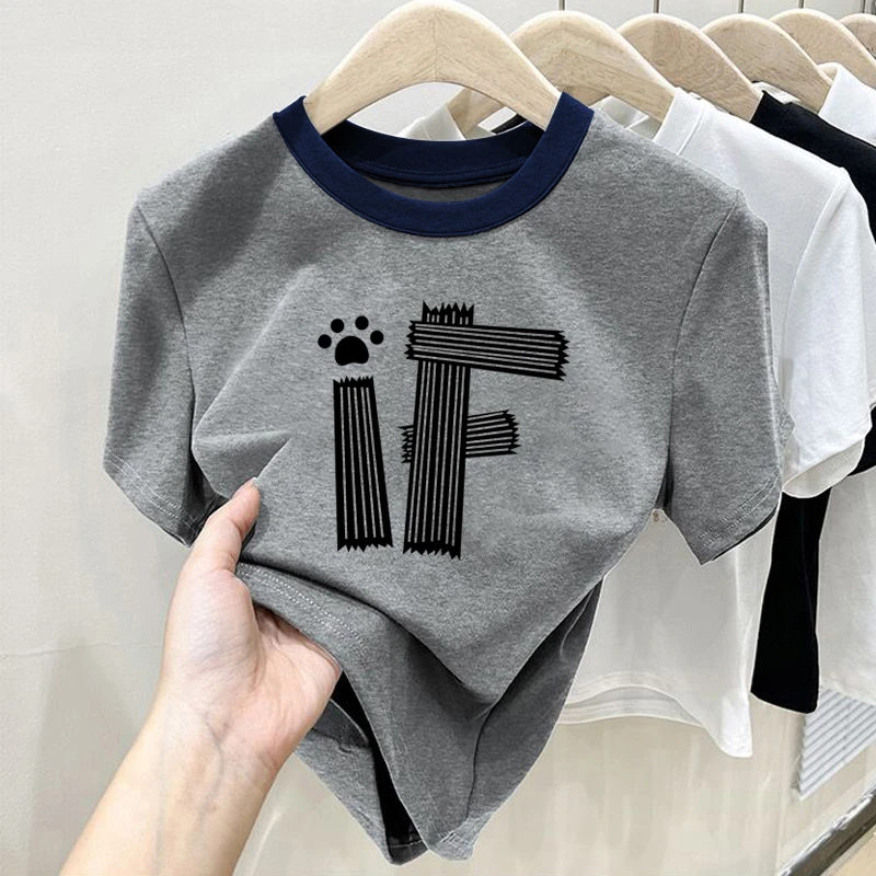 2025新款正肩纯棉短袖t恤女ins休闲百搭插色洋气撞色灰色上衣夏季