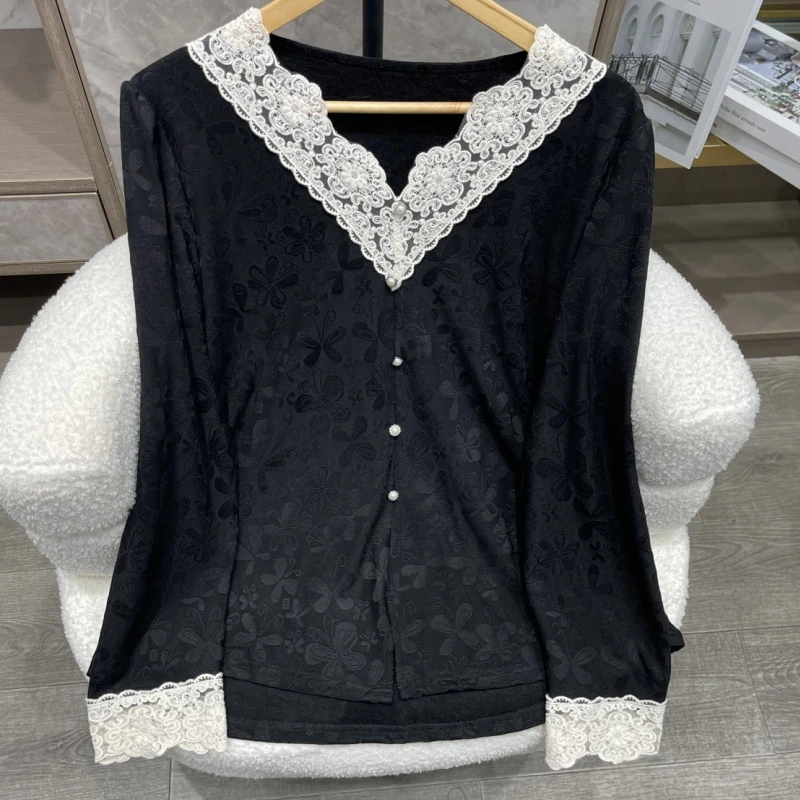 现货【悦林大码】PWD32663 法式拼接蕾丝花边V领显瘦大码女装
