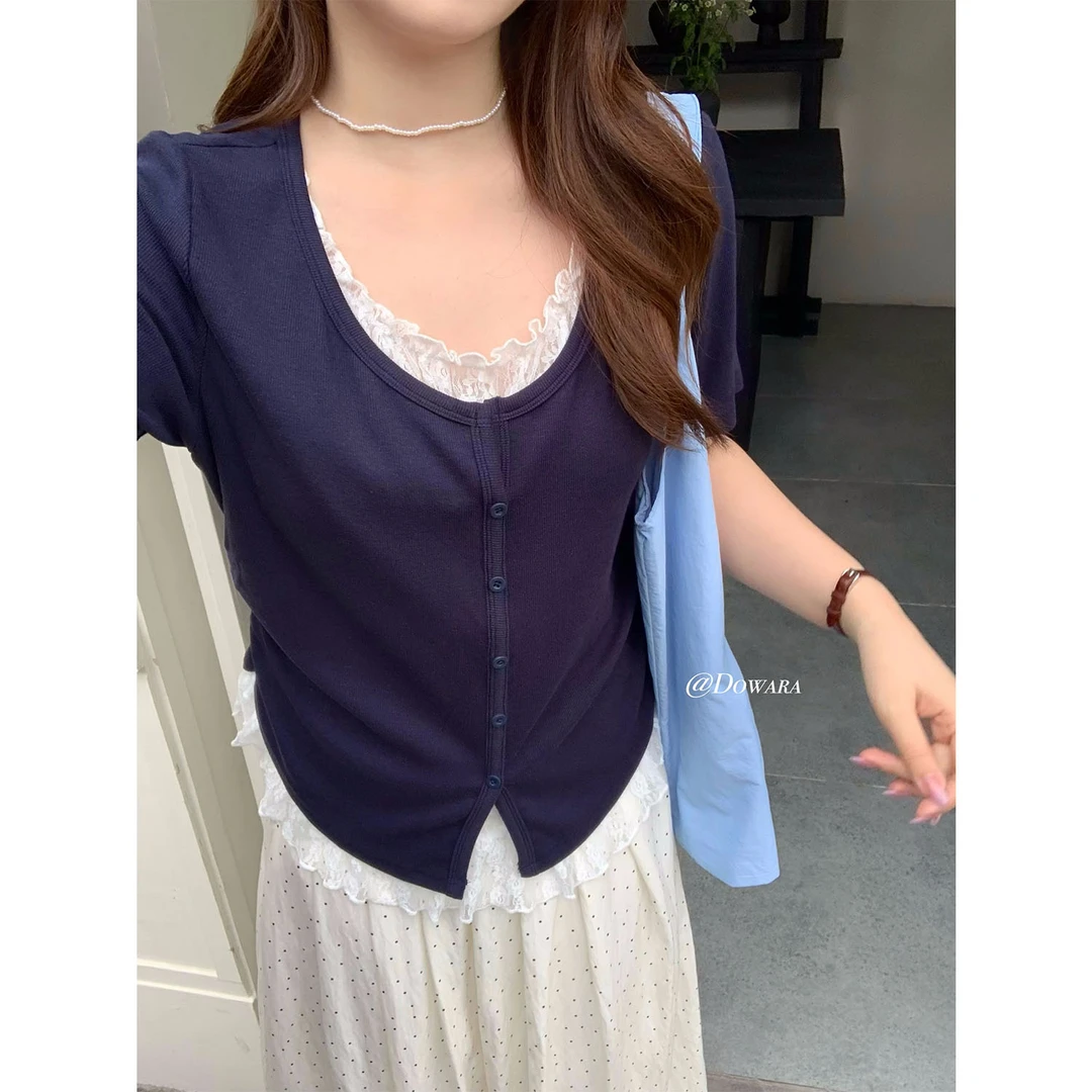 现货大婉酱千千微胖定制 韩系夏季假两件针织拼接蕾丝短袖6898D