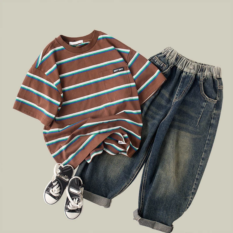 吴小越w1067男童韩版条纹刺绣短袖印花T恤2025款上衣儿童夏季