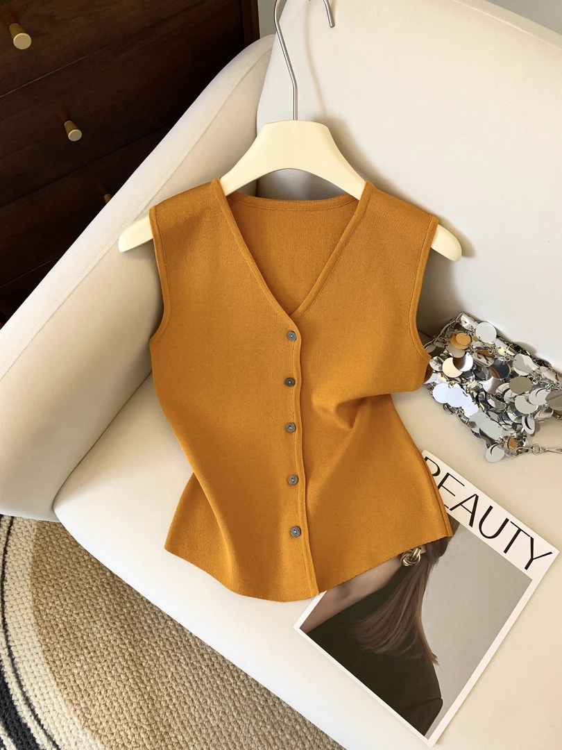 夏季V领老钱风单排扣百搭质感针织马甲背心52122